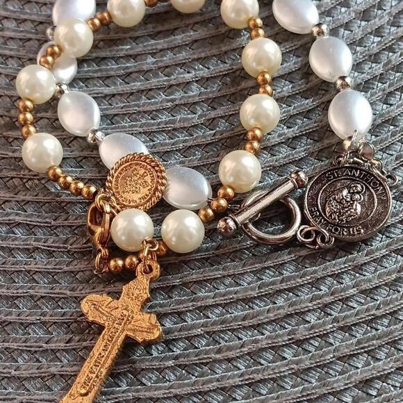Two Pretty Faux Pearl Religious, St. Anthony  & The Vactican Library Bracelets - Picture 1 of 9